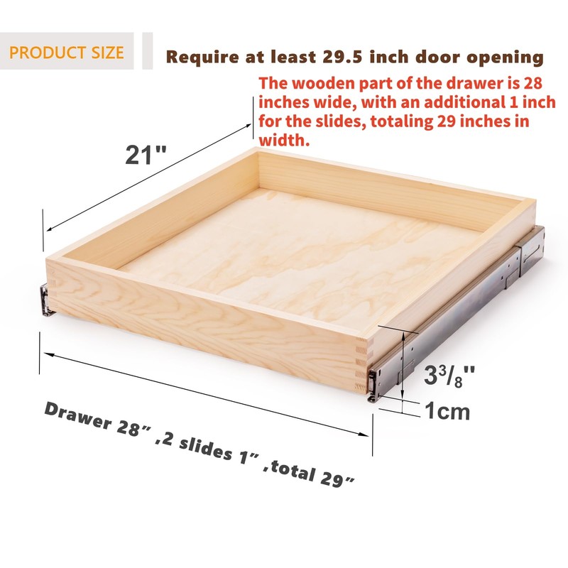 Mulush Pull Out Cabinet Drawer, 29”W x 21”D Soft Close