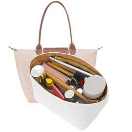 LOUKAYCCI New Dupont Paper Purse Organizer Insert for Longchamp Le Pliage M Handbag Insert (White&Brown, Medium)