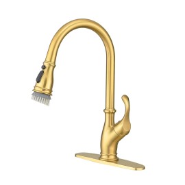 FLG Single Hole Hot Cold Water Mixer Sink Pull Out Kitchen Faucets Modern Kitchen Taps Brass Kitchen Mixer SinkColor: 1176-33NG-1D-US, Surface Finishing: Brushed gold