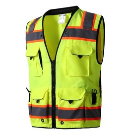 SKSAFETY 10 Pockets Professional Safety Vest, Class 2 High Visibility Vest with Zippe ＆ Reflective Strips, ANSI/ISEA Standard, Lime, XX-Large