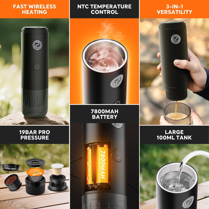 Portable Espresso Maker with Self Heating, 19 Bar Electric Travel
