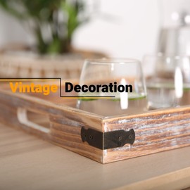 Wooden Rustic Large Serving Tray with Handles | Brown Pine Tree | Vintage Style | Unique Decorative Metal Corners | Wood Ottoman Tray | Outdoor Tray | Rustic Home Decor Tray | Tray for Coffee Table