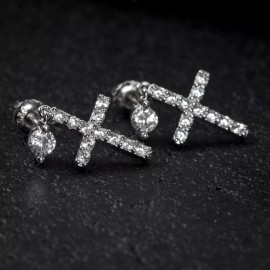 Street Knitted Men's Round Iced Cz Stud Sterling Silver Hip Hop Fashion Dangle Cross Earrings