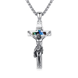 ZIPPICE Crucifix Necklace Men 925 Sterling Silver Catholic Cross Pendant Crucifix Cross Pendant with 22”+2” Stainless Steel Chain Amulet Necklace Jewellery Gifts for Men Women (Abalone)