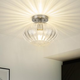 FEMILA 10.3" Brushed Nickel Ceiling Lights, Pumpkin-Shaped Glass Ceiling Light for Living Room, Bedroom, Kitchen, 4FYD85F BN