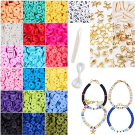 Jodimitty 24 Colours Polymer Clay Beads 4000 Pieces Beads for Threading Kit, Flat Round Soft Ceramic Beads, Jewellery Making Set for Bracelets Necklaces, with Ring Clasp and Crystal Rope