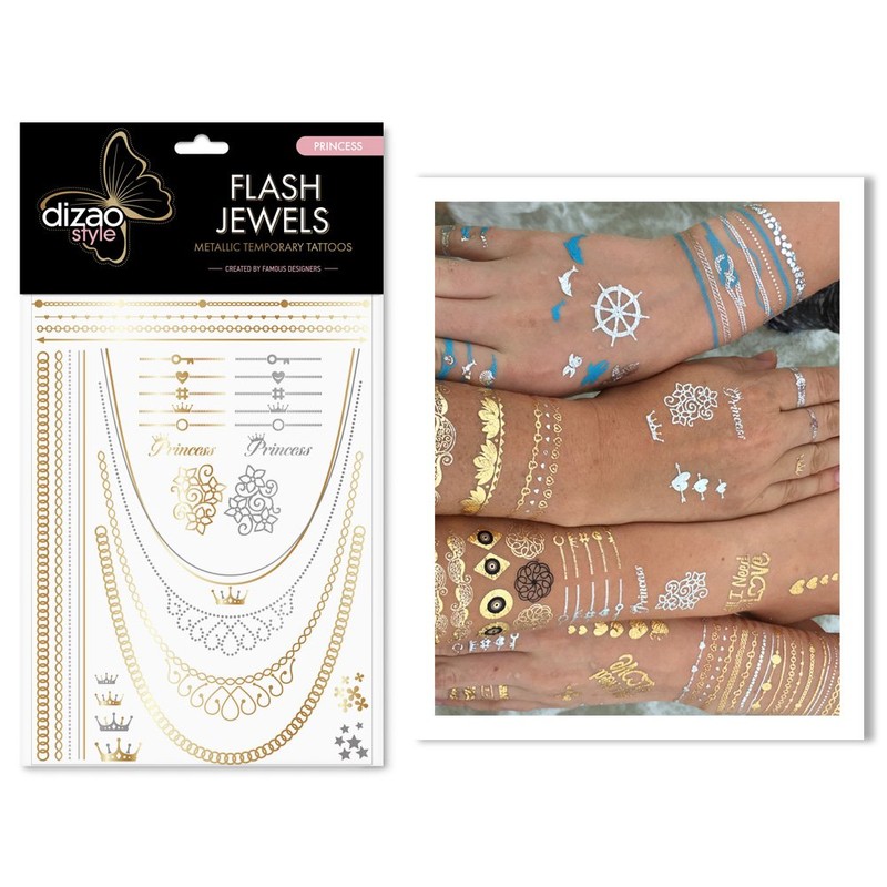 Dizao Gold Tattoo. PRINCESS. Flash Jewels. Metallic Temporary Gold Silver
