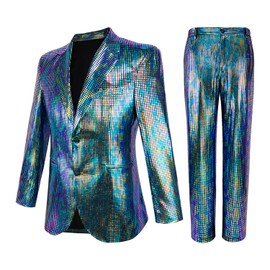 Nawgut Sequin Blazer Metallic Suit 2 Piece Set Disco Shiny Outfit Wedding Party Banquet Fashion Jacket Pant for Mens Adult, Dazzling Color, Men-XX-Large