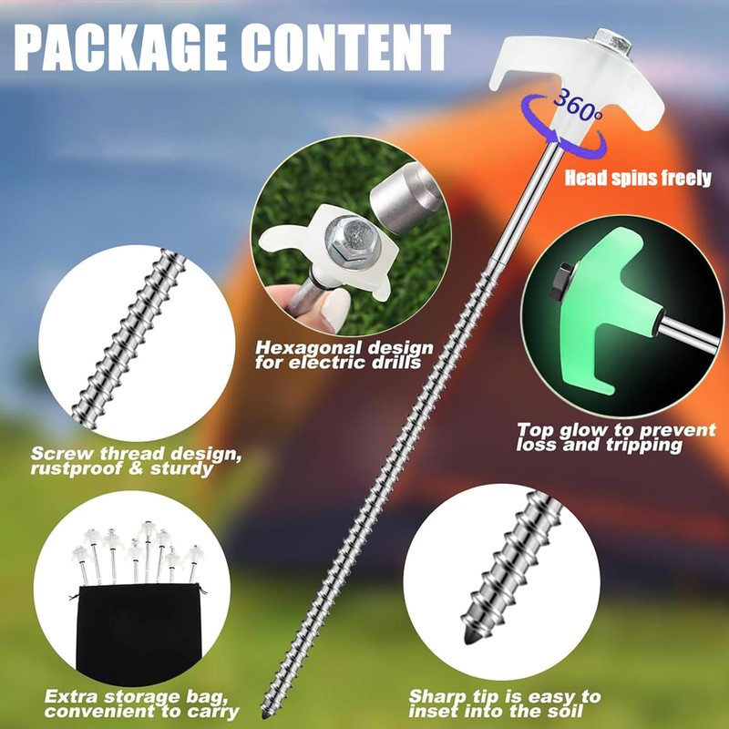 8 Pack Screw in Tent Stakes,8" Heavy Duty Glow-in-The-Dark Canopy