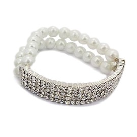 Flashy Rhinestone Bar and White Faux Pearl Stretch Bracelet - White Formal Jewelry