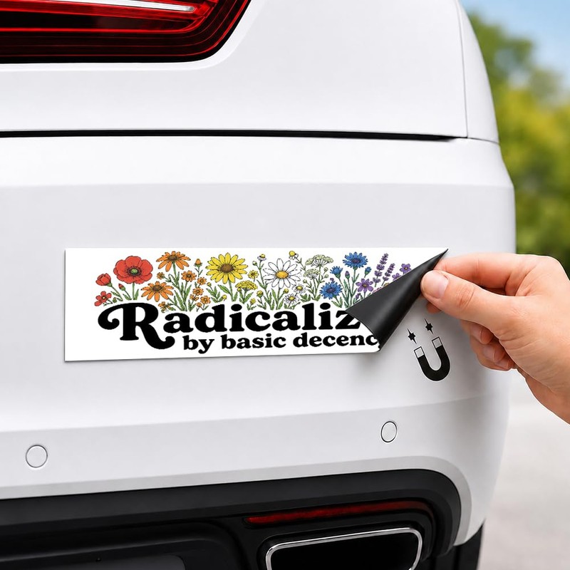 Radicalized By Basic Decency White Bumper Sticker or Magnet