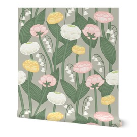 Peel & Stick Wallpaper 12ft x 2ft - Lily of The Valley Spring Floral Large Scale Pastel Pink Yellow Custom Removable Wallpaper by Spoonflower
