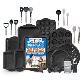 Emporio Kitchen Baking Pan Set - Nonstick Coating, Carbon Steel Bakeware Set with Gray Silicone Handles, PFOA, PFOS, PTFE Free, Recipe Booklet Included, Oven Safe Tray (Up To 450° F), Set of 25 - Gray