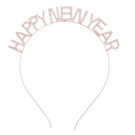 Apone Fatu Happy New Year Headband Tiara New Year Eve Women's Sparkly Rhinestone New Year Tiara Headband Merry Christmas Party Hair Accessory (Rose Gold)