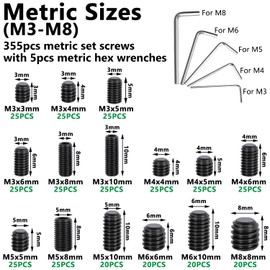 Aienxn 360PCS 15 Metric Sizes Set Screw Assortment Kit, Hex Socket Head Cup Point Set Screws 12.9 Class Alloy Steel Grub Screw, Internal Hex Drive Cup-Point Screw (M3-M8)