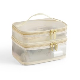 LOZOENNR Large Travel Makeup Organizer Bag - Double Layer Mesh Cosmetic Bag with Handle & Compartments | Water-Resistant Toiletry Storage for Women | (Light Yellow)