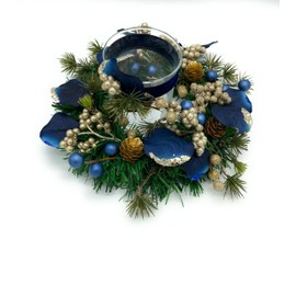 Blue and Gold Hanukkah & Christmas Holiday Wreath with Eucalyptus leaves, Blue Branches and Gold Glitter Branches & Leaves on Pine Needle Wreath Base with Glass Candle Votive