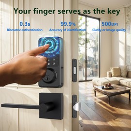Secusly Smart Door Lock Set, Fingerprint Door Lock with Lever Handle, Black Keyless Entry Lock with App, Keypad Deadbolt for Home