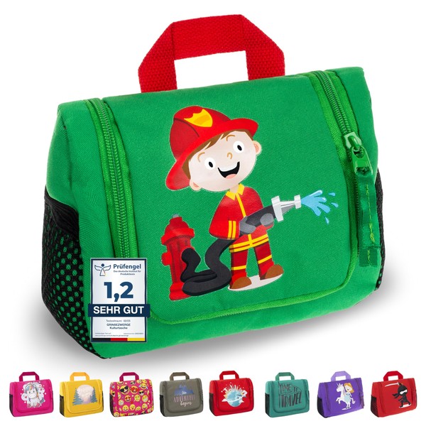 GRINSEZWERGE Children's Toiletry Bag, Travel Toiletry Bag for Hanging, Cosmetic Bag, Wash Bag, Travel Bag, Cosmetic Bag, Travel Accessories, Felix Fireman (Green), childish