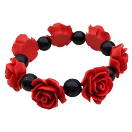 MLEPUS Rose Flower Bracelets for Women Vintage Elastic Simulated Coral Bead red and black Bracelet Fashion Jewelry Mother Bracelet Anniversary Christmas Jewelry Gift