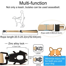 20” Strong Short Leash for Dog, Heavy Duty Bungee Dogs Leash with Padded Handle Car Seatbelt, Dog Training Leashs for Large or Medium Dogs - Can be Used with Other leashes (Khaki)