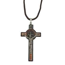 Catholica Shop Saint Benedict Wood Cross Necklace San Benito St. Benedict Wooden Crucifix Pendant Cord Necklace for Men and Women - Made in Brazil (Large AS)