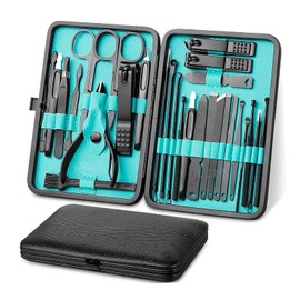 Set Pedicure Manicure de Acero Inoxidable Corta Uñas Mano Herramienta para Pies y Manos Remover Cutícula Pinza Alicate Cortador Lima Pie | Negro 28pzs