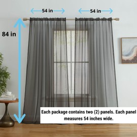 HLC.ME Charcoal Grey Sheer Voile Window Treatment Rod Pocket Curtain Panels for Bedroom and Living Room (54 x 84 inches Long, Set of 2)