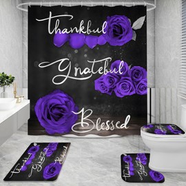 Litabel 4 Pcs Purple Rose Shower Curtain Set with Non-Slip Rugs, Toilet Lid Cover and Bath Mat, Thankful Grateful Blessed Romantic Showy Elegant Floral Bathroom Decor Set with Shower Curtain and Rugs