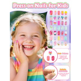 TOROKOM 168 Pieces Press on Nails for Kids, 7 Pack Kid Fake Nail Kit Candy Butterfly Press on Nails for Girls 6-12 Years with Nail Glue