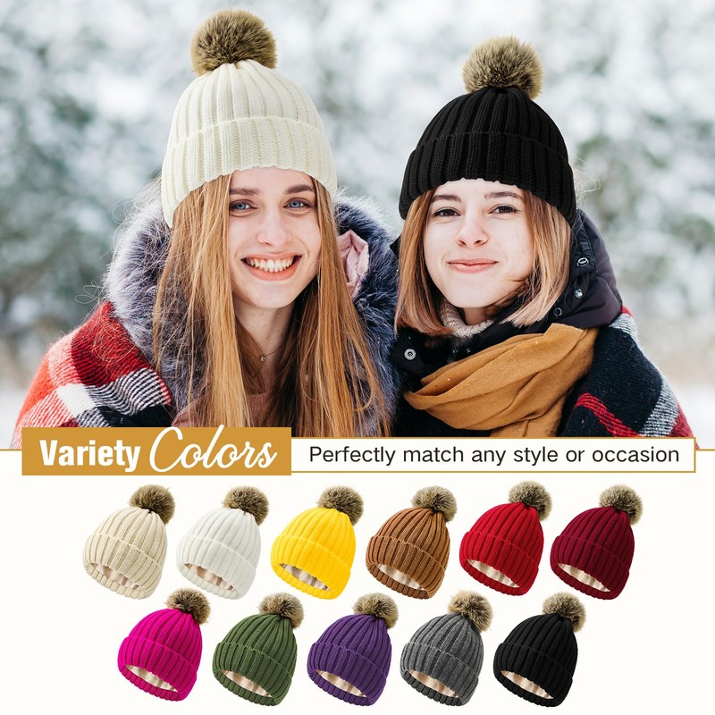 Satin Lined Beanie for Women Black Knit Winter Hats Silk