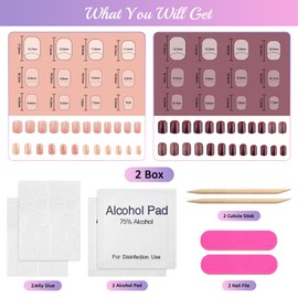 2 Set Extra Short Press on Nails Square Glitter Fake Nails Spring Summer Nude Cute Fake Squoval Nail Artificial Full Cover Glue on Glossy Nail Tips Reusable Manicure Kit for Women and Girls