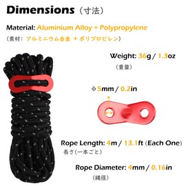 TRIWONDER Guy Rope, 0.2 inch (4 mm), Paracord Camping Tarp, Tent Rope, Reflective Material, Flexible Rope, Set of 6 (Black)