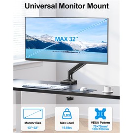 Single Monitor Arm Fits up to 32 Inch, Desk Mount Holds 4.4-19.8lbs Computer Screen, Full Motion Gas Spring, VESA Mount 75x75, 100x100, Freelift