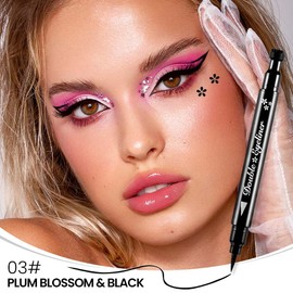 BINGBRUSH Double-head Liquid Stamp Eyeliner Pencil, Colors Flowers Heart Moon Star Shapes Face Stamps Makeup Colorful Waterproof Slim Gel Felt Tip High Pigment Liquid Eyeliner (03#Flower&Black)