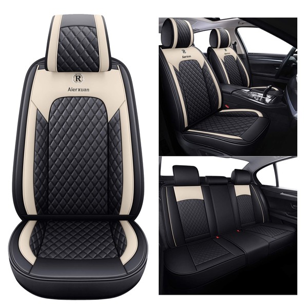 Aierxuan Seat Covers for Cars Women Leather Waterproof Universal Fit for Hyundai Elantra Sonata Ford Forte Honda Civic CRV Toyota Corolla 4Runner Rav4 Highlander Hybrid(Full Set, Black-Beige)