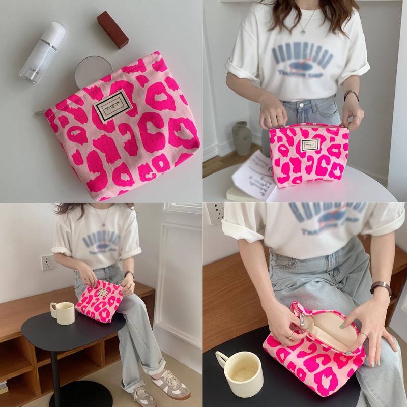 lurora2021 Cosmetic Bag with Pink Leopard Print Canvas Makeup Bags