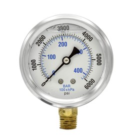 PIC Gauges PRO-201L-254S 0-6000 PSI Pressure Gauge, 2 1/2" Dial, 1/4" Male NPT Connection, Bottom Mount, Dual Scale, Glycerin Filled, Stainless Steel Case/Bezel, Brass Internals & Plastic Lens, 0/15