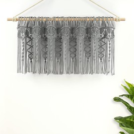 Lush Decor Boho Macrame Textured Cotton Valance, 50" W x 20" L, Gray - Boho Kitchen Curtains & Wall Decor - Macrame Valance - Bathroom Window Curtains