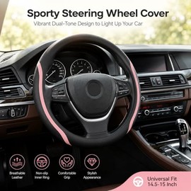 Funda para volante Muamos negra y rosa, fundas de cuero para volante de coche con posavasos universales de 37-38 cm, set de accesorios para volante de microfibra transpirable y antideslizante