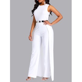 VERWIN Patchwork Overlay Embellished Plain Women's Jumpsuit High-Waist Woman Romper, White, Large