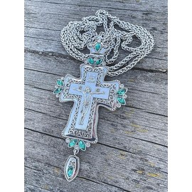 Nazareth Store Silver Plated Pectoral Cross Multi Zircons Crystallized Elements Christian Priest Bishop Large Crucifix Pendant with Necklace 24" (Pectoral Cross Antique Silver Green Stones)