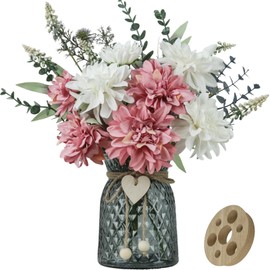 SHINFHOMF Fake Flowers in Vase,8 Dahlias,Silk Artificial Flowers in Vase,Faux Flowers in Vase with a Flower Arrangement Holder,Centerpiece Table Decorations