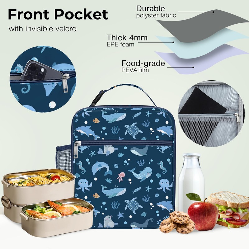 Clastyle Blue Sea Animals Insulated Lunch Bag for Kids, Portable