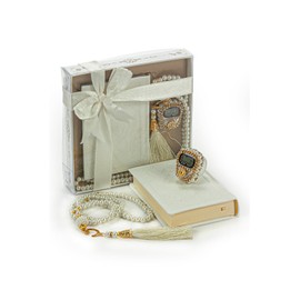 İhvan Online Medina Calligraphy Quran Set with Islamic Finger Counter, Portable Digital Prayer Tasbeeh, Pearl Zikirmatic Beads, 3 Pieces Gift for Ramadan & Eid & Mevlüt (Cream)