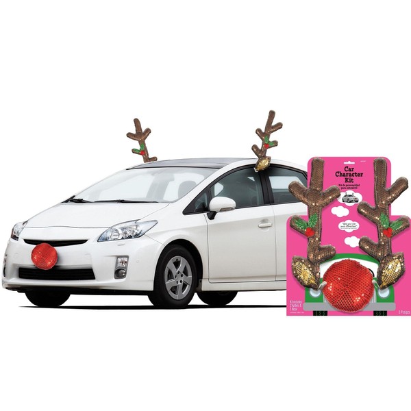 Glitzy Reindeer Car Kit (Pack of 3) - Eye-Catching Plush Antler and Nose Christmas Vehicle Decor, Perfect For Festive Celebrations & Holidays