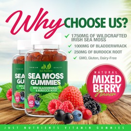 Sea Moss 3000mg Gummies with Bladderwrack and Burdock Root - Natural Irish Sea Moss Superfood for Immune, Thyroid and Detox Support - Extra Strength for Men & Women - Gluten-Free, Vegan - 60 Gummies