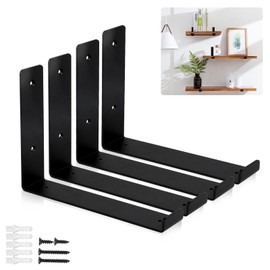 Dluno Shelf Brackets 8 inch 4 Pack - J Lip Shelf Bracket Iron Metal Wall Floating Shelf Bracket Heavy Duty Industrial Shelf Bracket Shelf Supports with Screws - Black