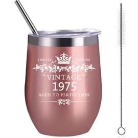 COFOZA 1975 50th Birthday Gifts for Man Woman 12 Ounce Stainless Steel Wine Tumbler Vacuum Insulated Cup 50 Years Birthday Anniversary Present with Sliding Lid Straw and Brush (Rose Gold)