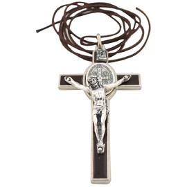 Vatican Imports St. Benedict Crucifix with Round St. Benedict Medal Inlay | 3" Silver-Tone and Brown Enamel Cross with Cord and Booklet | Patron Saint of Students and Europe | Made in Italy